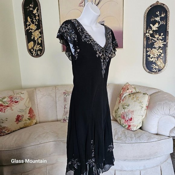 SOLD - JKara Cocktail Dress With Silver Beading Hanky Hem & Flutter Sleeves - Picture 2 of 10